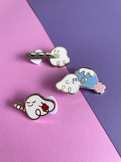 Happy Ghostie Eating Dango - Enamel Pin